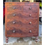 Victorian mahogany bow front chest of drawers, two short over three long drawers, wooden knobs
