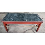 Unusual wooden, brass and marble coffee table with wooden hanging bells. 93w x 43d x 40cm.