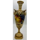 Royal Worcester fruit painted vase signed R. Sebright, height 28cm. Puce mark to base.