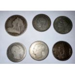 Coins to include 1887 silver Sixpense, 1835 One Shilling and three others, and a 1900 Two Shillings.