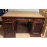 Edwardian carved mahogany pedestal desk finished to reverse 74h x 76d x 126cm w.