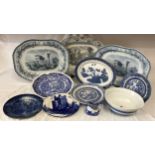 Blue and white ceramics to include 2 x Copeland meat plates 46 x 35cm, 1 x 'Rhine' meat plate with
