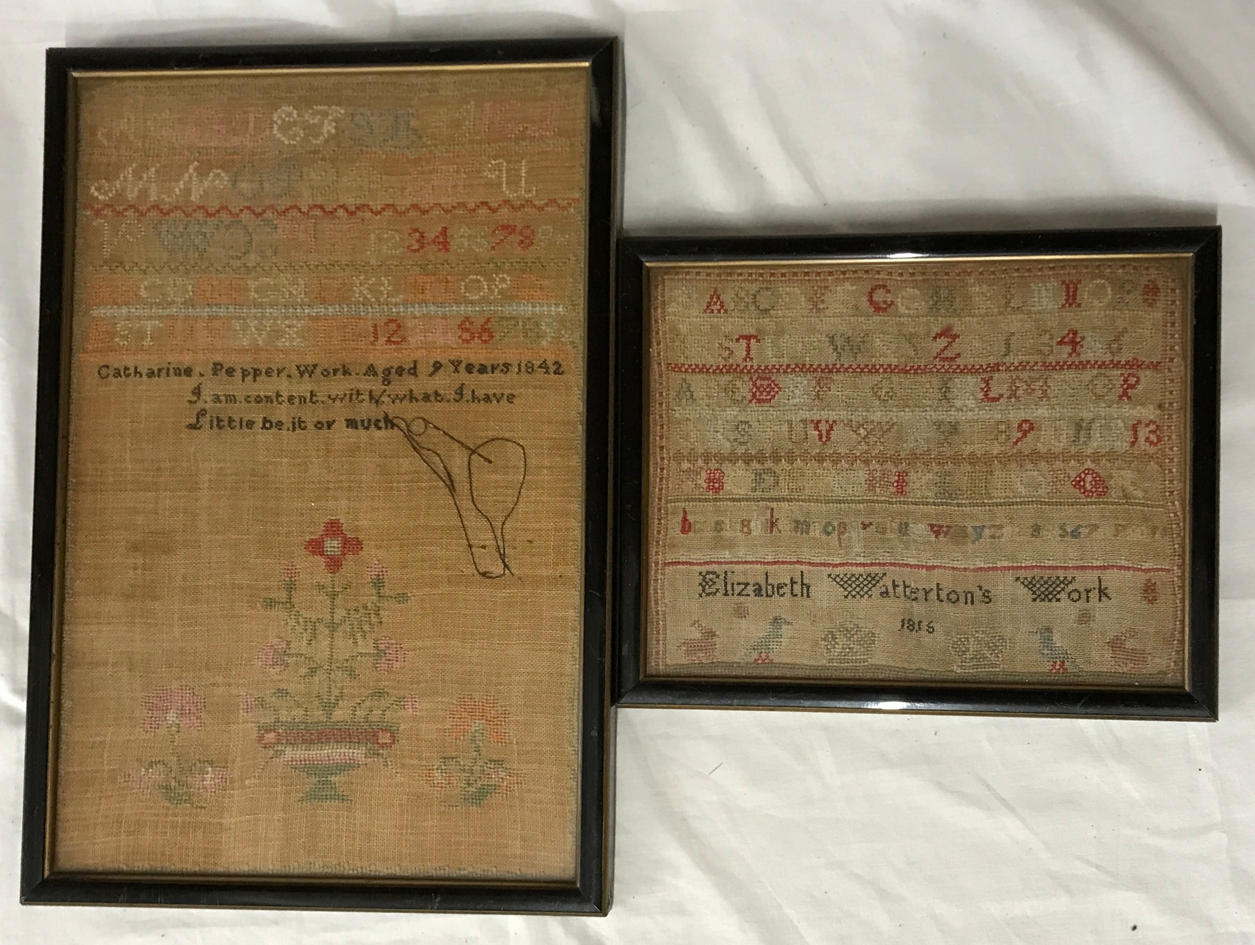 Two 19thC framed samplers one reading Elizabeth Watterton's Work 1856 the other reading Catherine