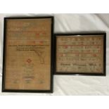 Two 19thC framed samplers one reading Elizabeth Watterton's Work 1856 the other reading Catherine