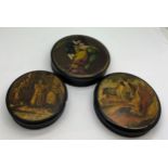 Three 19thC papier mâché snuff boxes, one hand painted and two printed to include ‘Life in