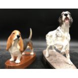 Two Beswick matt pottery figures of dogs one a basset hound, on wooden plinth 15.5h the other a