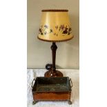 A vintage wooden table lamp with reeded column and a hand painted shade, 59cm h to top of shade,