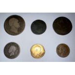 Various coins to include 1902 Farthing, 1828 George VI sovereign replica, George II Farthing,