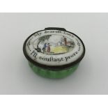 An 18thC enamel patch box written to top 'My dearest Love I'll constant prove' 4cm w.