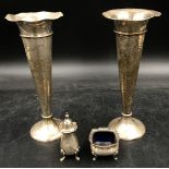 Two weighted silver posy vases one hallmarked London 1906 the other 1907 along with a square mustard