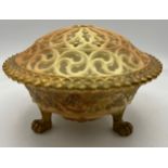Royal China Works Worcester blush gilt potpourri jar with a reticulated lid and lions paw feet