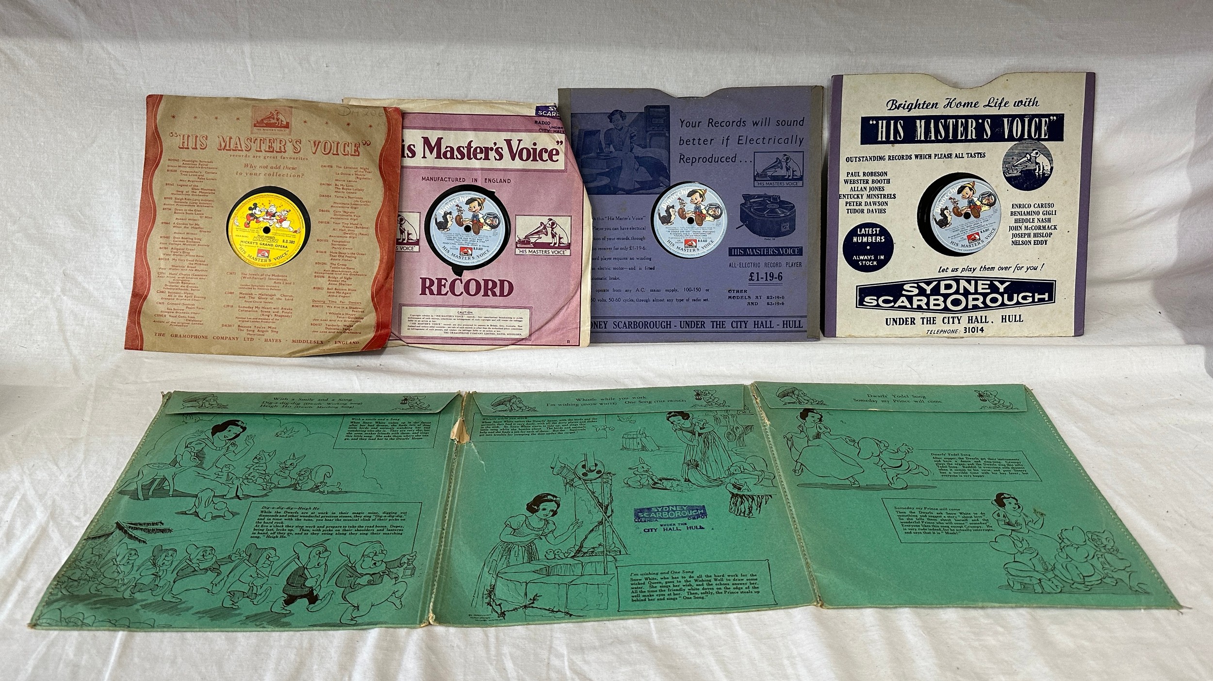 A collection of Disney 'His Master's Voice' records to include 3x Snow White, 3x Pinocchio and one