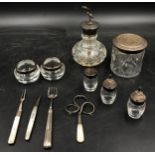 Miscellaneous collection of silver embellished items to include two trinket dishes, a very small