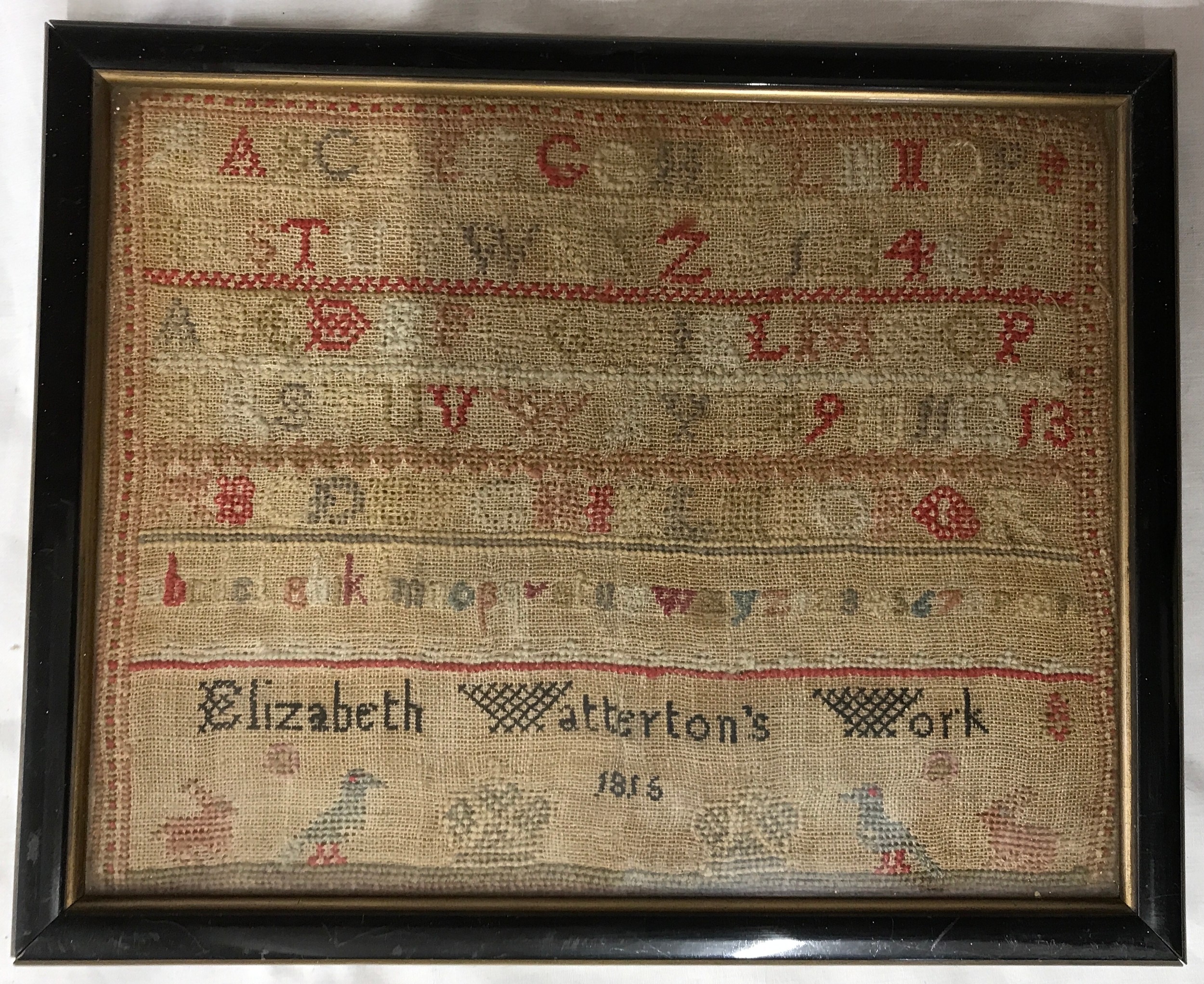 Two 19thC framed samplers one reading Elizabeth Watterton's Work 1856 the other reading Catherine - Image 3 of 3