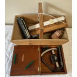 Various vintage tools to include Clinometer, slide rule, Otis Kings calculator, ink bottle etc.