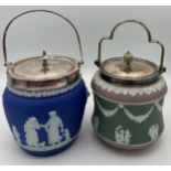 Two Wedgwood Jasperware biscuit barrels with silver plated mounts and swing handles.