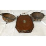 An Edwardian oak and silver plated gallery tray with capstan style supports, raised on silver plated