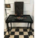 A Silverdale Table Tray by Geebro Products, painted black with a hand painted flower design to top