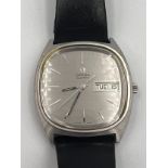 Omega, a gentleman's stainless steel quartz wrist watch with black leather strap in case. Good