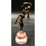 Small, 18.5cm h, art deco style bronzed metal figurine on a marble plinth base, marked to the