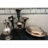 Silver plate to include entrée dish, jug and epergne 33cm h.