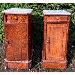 Two mahogany marble topped pot cupboards. Some missing pieces. 84cm h x 40 x 40 and 82.5cm h x 38