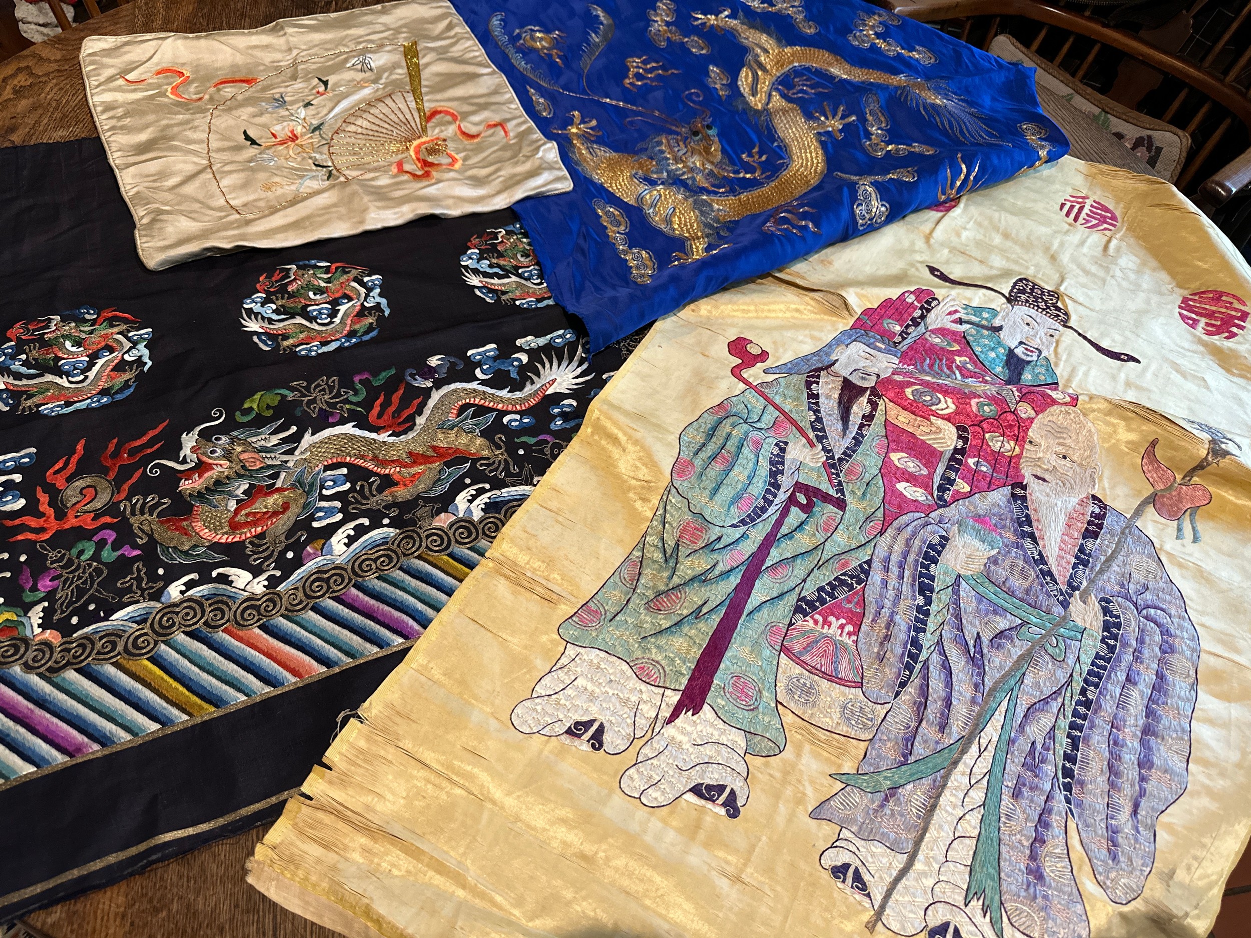 Chinese embroideries to include good quality silk embroidery of group of three gentlemen 128 x 58