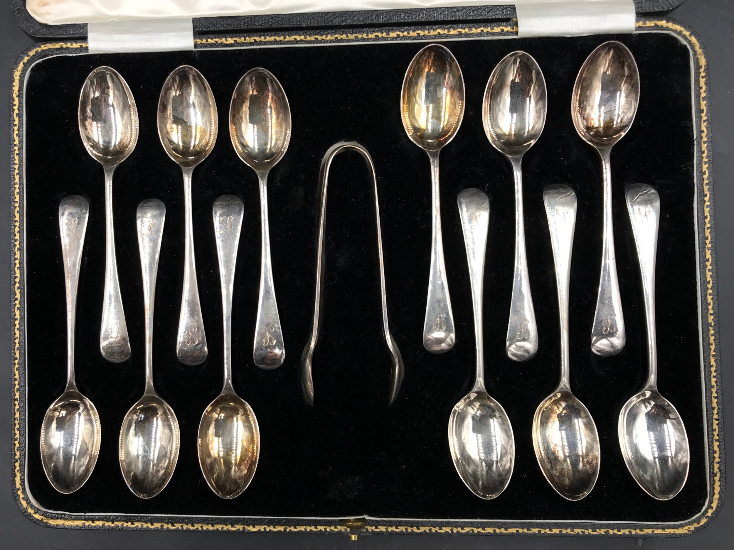 A boxed set of 12 initialled silver teaspoons and sugar tongs Sheffield 1930 by Francis Howard Ltd - Image 2 of 4