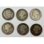 Six Half Crowns, dates to include 1846, 1885, 1846, 1883, 1874 and 1843.