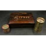 A wooden Bezique box inlaid with mother of pearl containing four sets of cards along with two tins