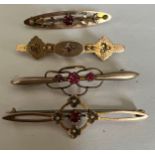 Four various Edwardian bar brooches set with pink stones. Two marked 9 carat gold and two unmarked