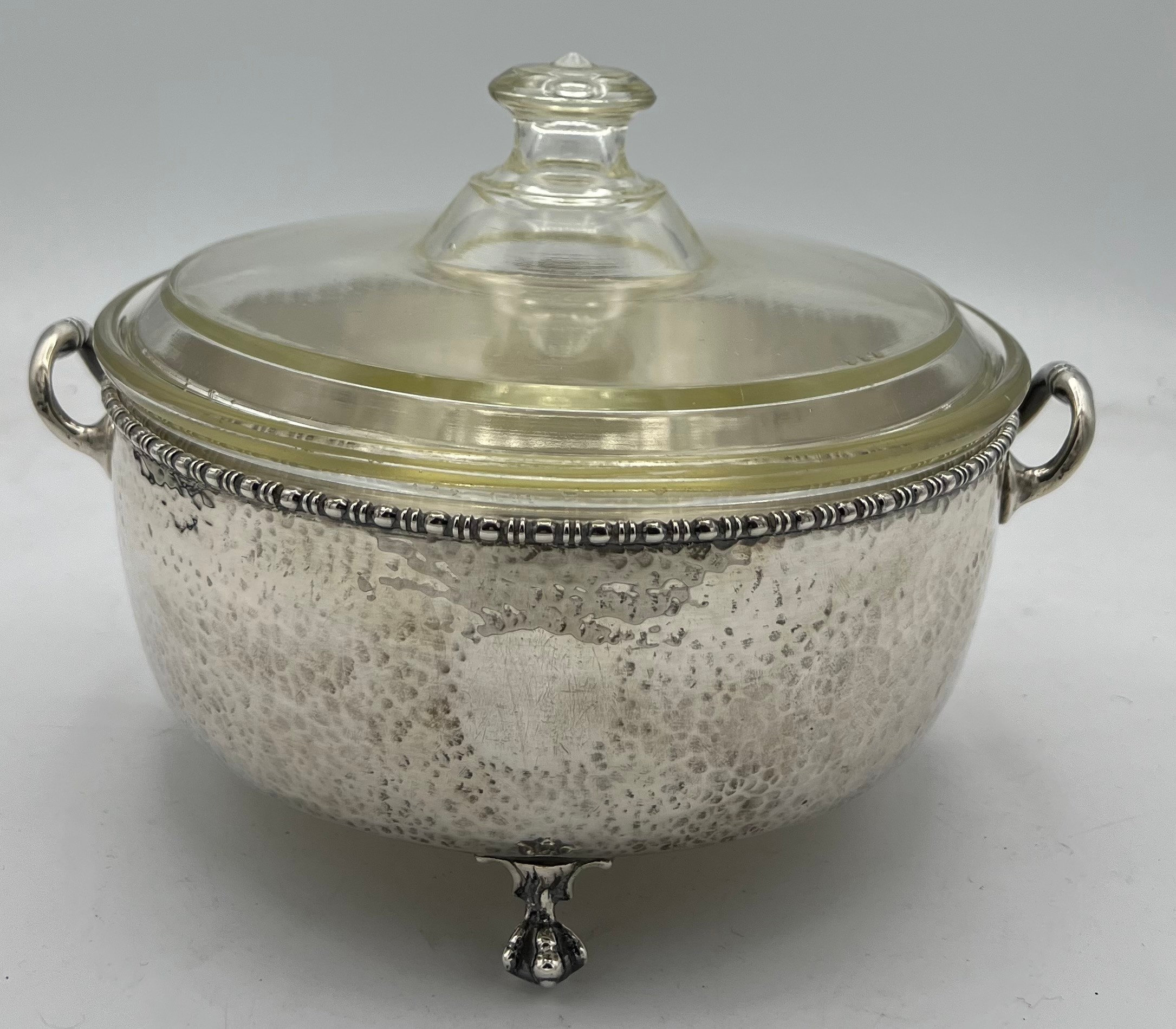 A twin handled hammered silver dish holder raised on paw feet with lidded Pyrex dish. Birmingham - Image 2 of 2