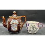 A lustre Sunderland large cup depicting flying cloud ship 10h x 12d along with a Bargeware teapot