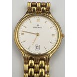 A boxed gentleman's Eterna wristwatch with white dial and gold coloured strap. Untested, may require