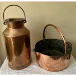 A copper jamming pan and a copper milk churn. Pan 35cm d, milk churn 42cm h.