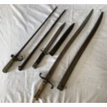 Three Bayonets to include a French Model 1867 Chassepot Yataghan Sword Bayonet and Scabbard, brass