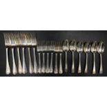 A harlequin set of Old English Pattern cutlery, six table forks, London 1828, maker Josiah Piercy I,