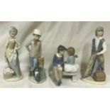 A collection of four figurines by Nao to include "First Love", "Shoe Shine boy" 25cm h, "Laundry