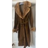 A vintage ladies belted suede coat with mink collar and cuffs, approx size 12. Collar to hem 101cm