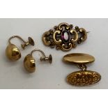 Nine carat gold screw on earrings, single cufflink and an unmarked yellow metal brooch. Total weight