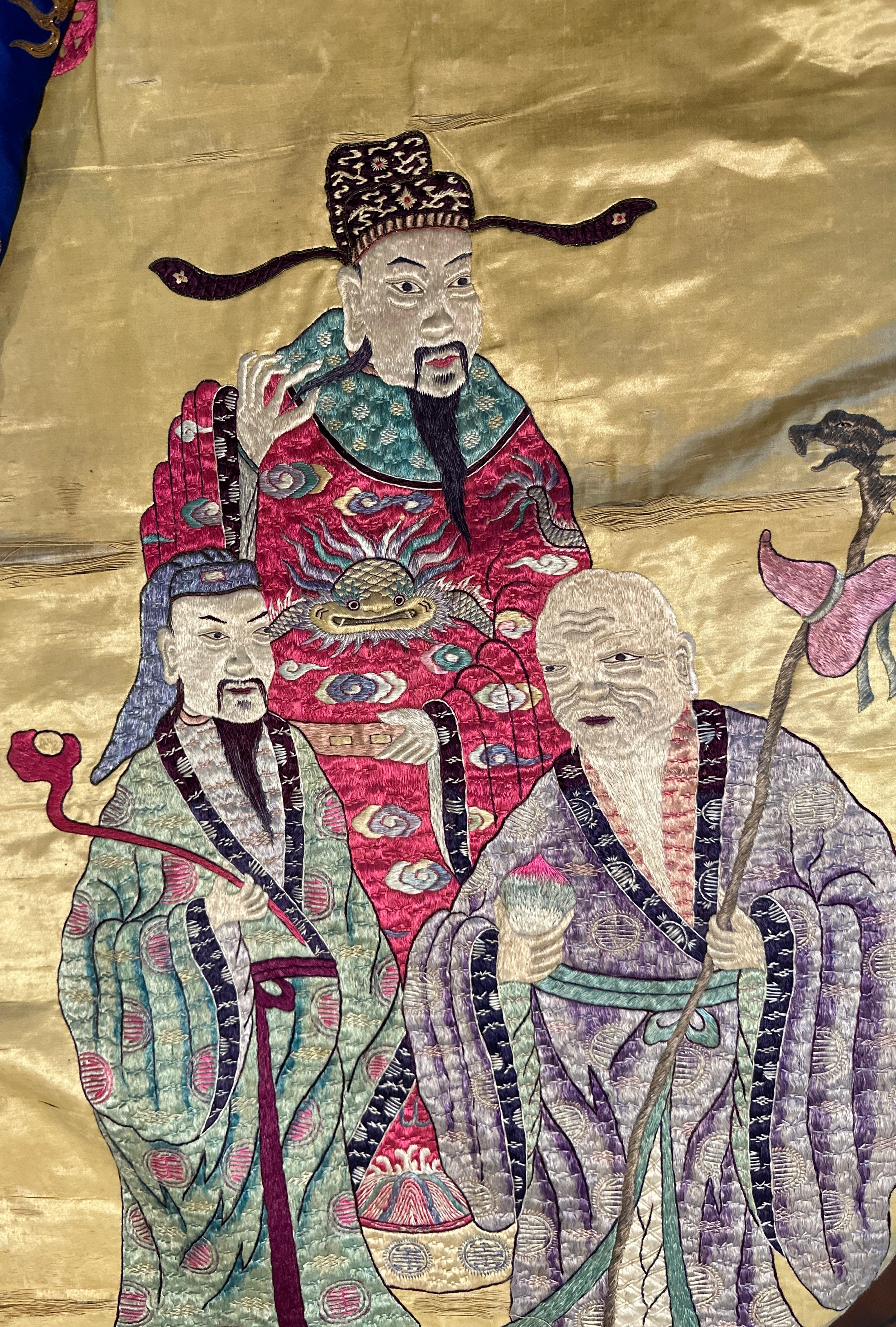 Chinese embroideries to include good quality silk embroidery of group of three gentlemen 128 x 58 - Image 2 of 21