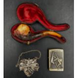 A miscellaneous lot to include a meerschaum pipe, silver hallmarked port label 12gms and a medal