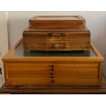 Three various display boxes to include multi drawer cabinet, unfitted oak cutlery box and a clear