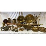 A large quantity of mainly brass items comprising: pair of candlesticks, companion set, horse