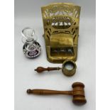 A miscellany to include 19thC wooden gavel 14cm, brass magnifying glass with wooden letter rack