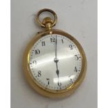 A ladies pocket watch, outer case 18 carat gold, inner case cuivre. Weight 34gm. Case diam: 34mm.