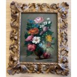 J Brandt oil on board still life flowers "Flower Piece" 19.5cm x 14.5cm in gold painted metal frame.