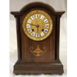 A mahogany inlaid mantle clock on bun feet, 33cm h x 23cm w Raingo-Frères Paris 3349 stamped to back