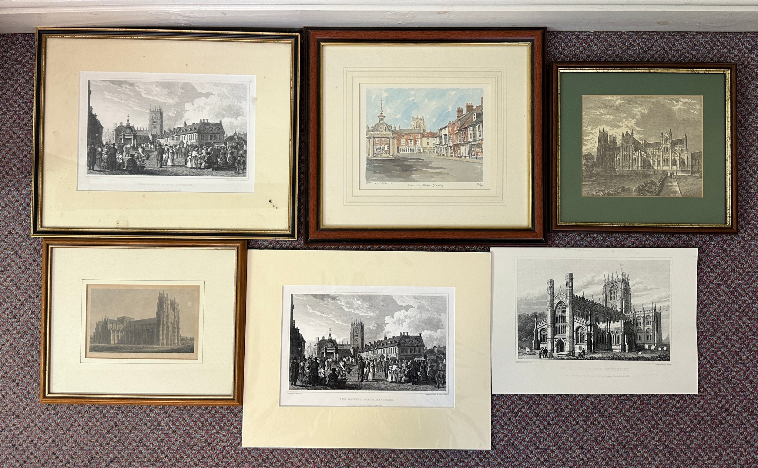 Six various prints, three depicting Beverley Minster, a limited edition print 326/850 by Philip &
