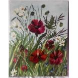 Jane Quinn. Local artist. A painting on canvas of poppy's and other wild flowers. 45 x 35cm.